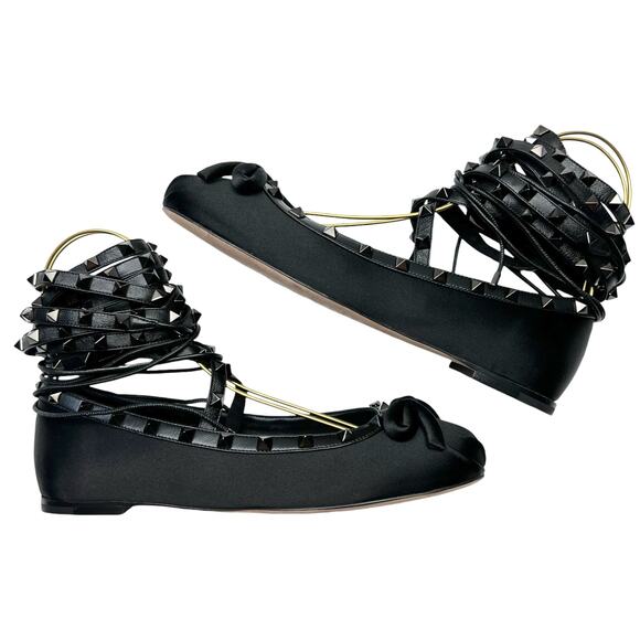 VALENTINO GARAVANI Rockstud Satin Ballet Flats EU 39 US 9 Black Wrap Around Shoe - Picture 8 of 16